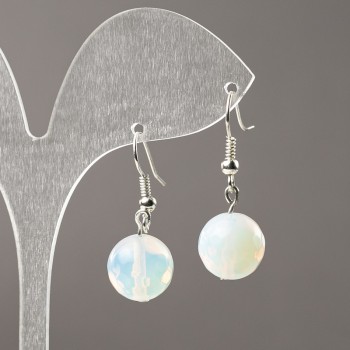 Orecchini con pietra lunare sintetica, sfera sfaccettata, diametro 12 mm, lunghezza 34 mm