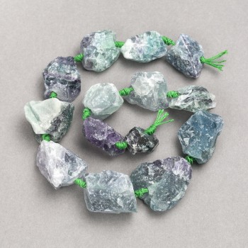 Perle grezze di fluorite, pronte per filo, forma a pepita, diametro 20x25 mm (+/-), lunghezza 42 cm