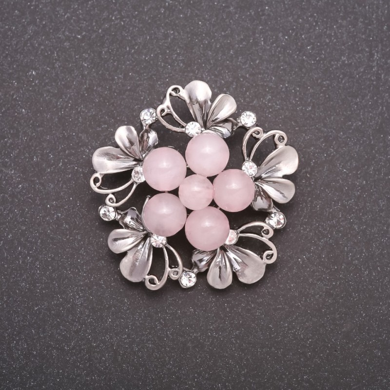 Spilla con quarzo rosa 40 mm, metallo grigio