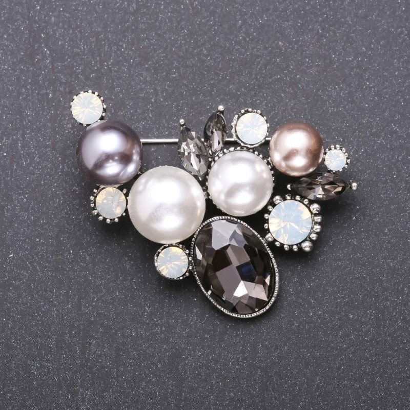 Spilla Rametto con perle grigie e bianche 52×50 mm, metallo grigio