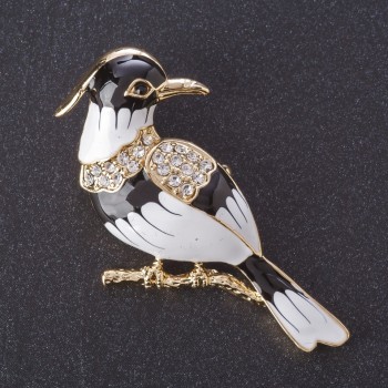 Spilla 'Uccello Ibis' smalto nero e bianco, colore metallo oro, serie di uccelli, 5,5×3 cm
