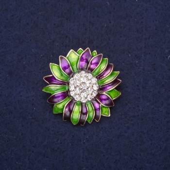 Spilla a fiore con strass e smalto, colore verde e viola, 29 mm, metallo dorato