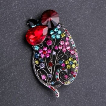 Spilla a foglia con strass multicolori e cristallo rosso, 65×35 mm, metallo grigio