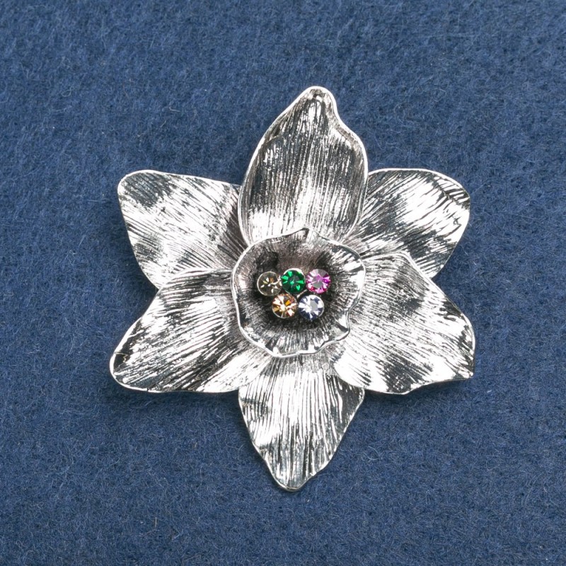 Spilla Fiore, metallo argentato, strass multicolori, 50 mm +