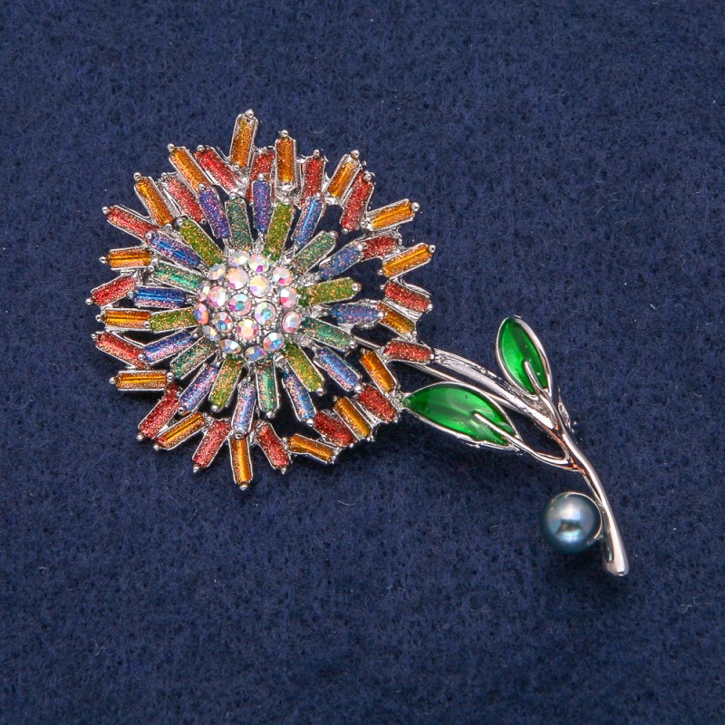 Spilla Fiore in metallo argentato con smalti multicolori e strass 61x33 mm
