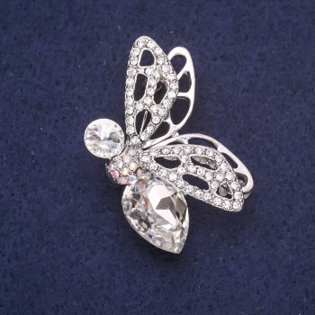 Spilla a forma di farfalla con strass e pietre bianche, 45×29 mm, metallo argentato