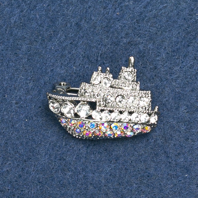Spilla Nave argentata scura con strass 20×28 mm +