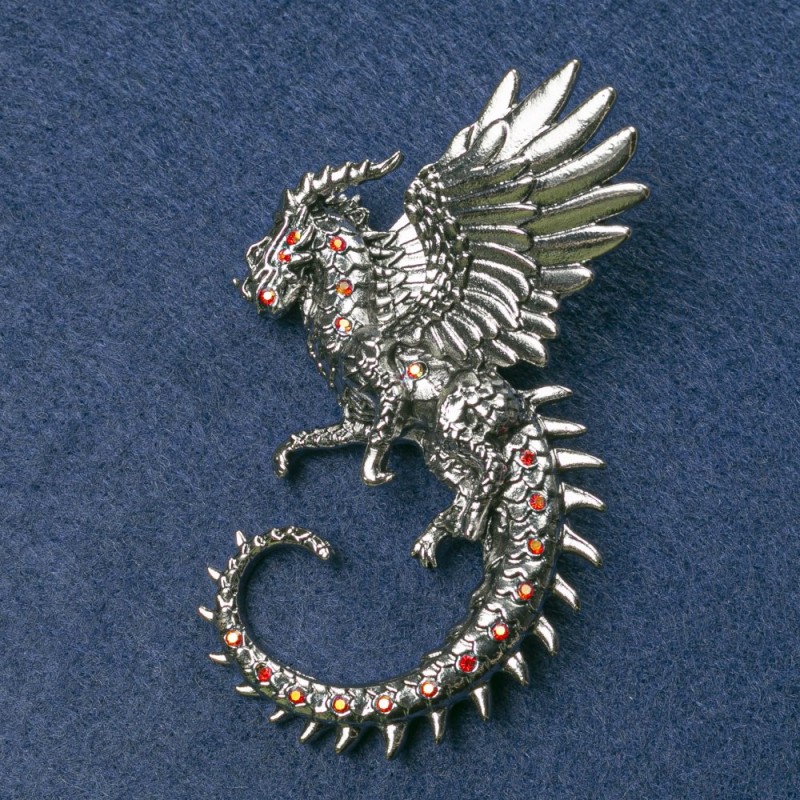 Spilla Drago metallo argentato con strass rossi 64x50mm+