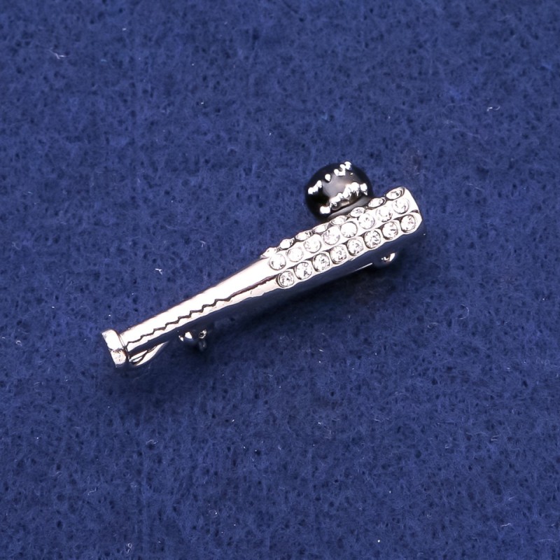 Spilla mazza da baseball con strass, metallo argentato 13×40 mm