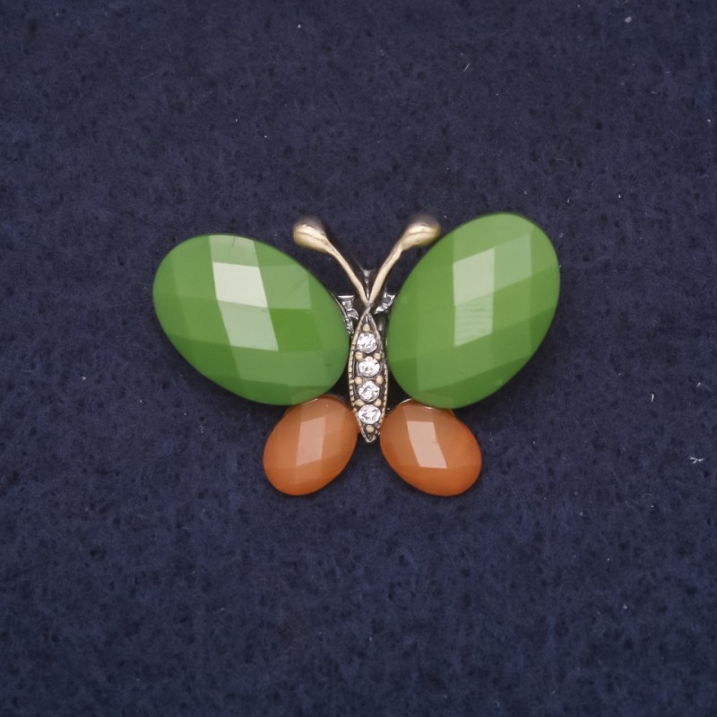 Spilla Farfalla 31×21 mm, strass e pietre, colore verde e marrone, metallo dorato