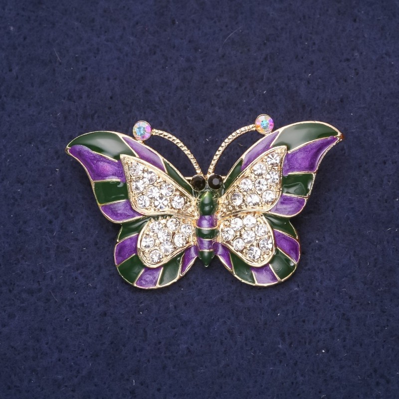 Spilla farfalla con smalto viola e strass bianchi, 45×28 mm, metallo giallo