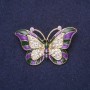 Spilla farfalla con smalto viola e strass bianchi, 45×28 mm, metallo giallo