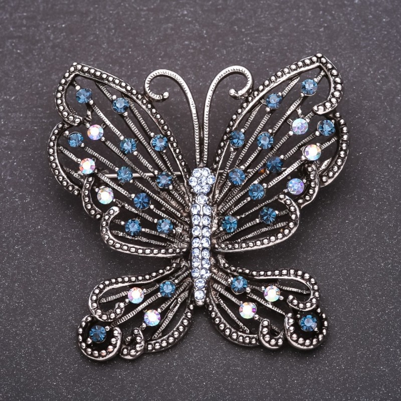 Spilla Farfalla con strass blu 53×54 mm metallo grigio