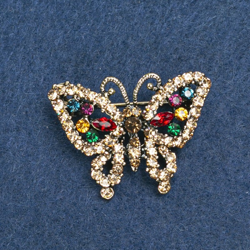 Spilla «Farfalla» dorata con strass, 36x28mm +