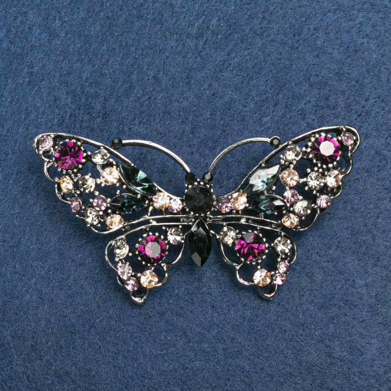 Spilla a forma di farfalla con strass multicolori, metallo argentato 70×39