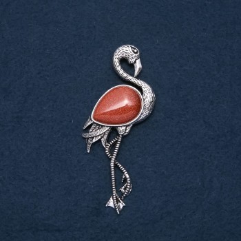 Spilla-ciondolo Fenicottero con avventurina naturale 'sabbia dorata' 85x30 mm