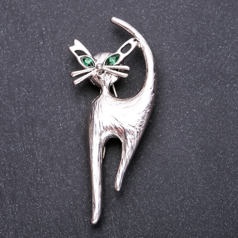 Spilla «Gatto» con strass verdi 77×32 mm metallo grigio