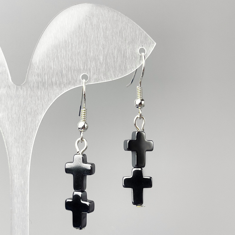 Orecchini Croce di Ematite, diametro 8,5×22 mm, lunghezza 44 mm