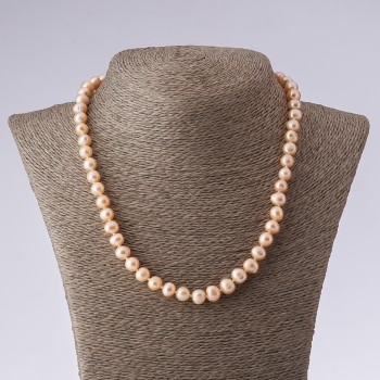 Collana di perle d'acqua dolce coltivate, forma rotonda, colore rosa pesca, lunghezza 47 cm, diametro 8-9 mm (±)