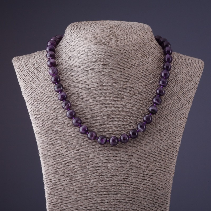 Collana di ametista viola a scudo, palline da 10 mm, lunghezza 45 cm