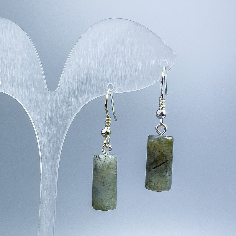 Orecchini in labradorite a forma cilindrica, diametro 16 mm, 5x8 mm+
