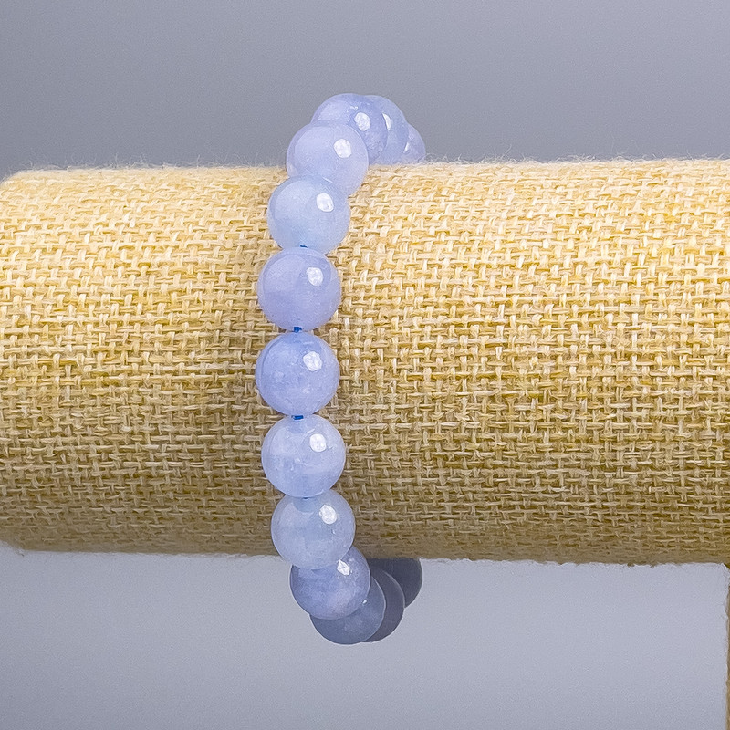 Bracciale in acquamarina con perle lisce, diametro 10 mm +/-, lunghezza 18 cm (elastico)