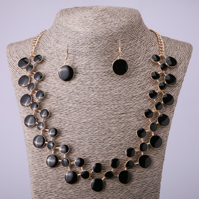 Set di collana e orecchini con smalto nero, lunghezza 57-64 cm