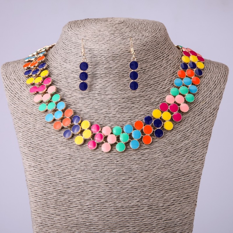 Set di collana girocollo e orecchini con smalto multicolore, lunghezza 45-50 cm