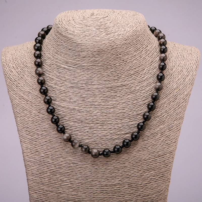Collana in osidiano argentato con palline lisce da 8 mm, lunghezza 45 cm +