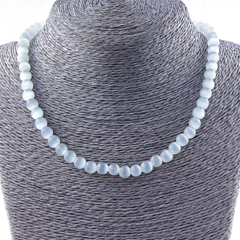 Collana con Occhio di Gatto grigio, perle da 8 mm, lunghezza 40 cm