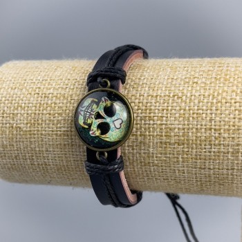 Bracciale in pelle ecologica con teschio e cuore, chiusure regolabili, 1 pezzo