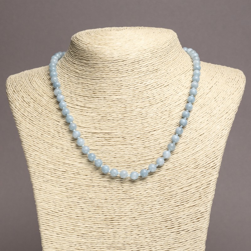 Collana in acquamarina con perle lisce, diametro 6 mm, lunghezza 45 cm +/-