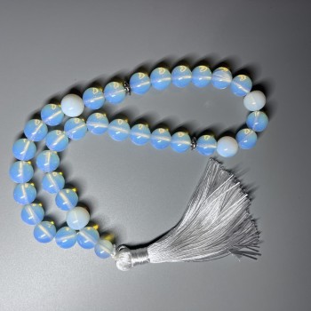 Mala di pietra lunare con perle lisce, diametro di circa 12 mm, 33 perle, con inserti metallici
