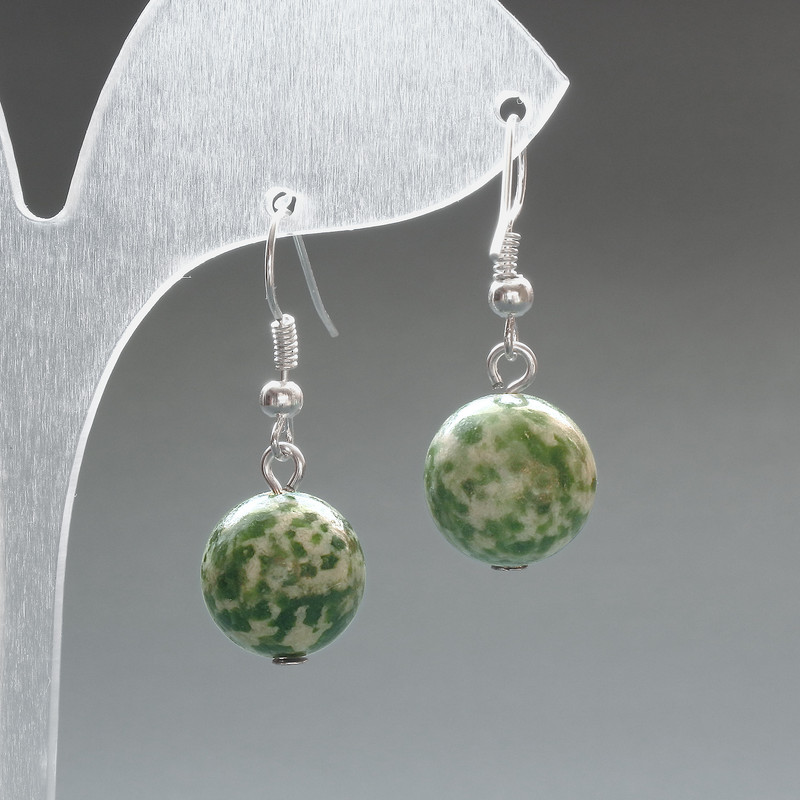 Orecchini in agata muschiata, sfera liscia, diametro 12,5 mm, lunghezza 33 mm